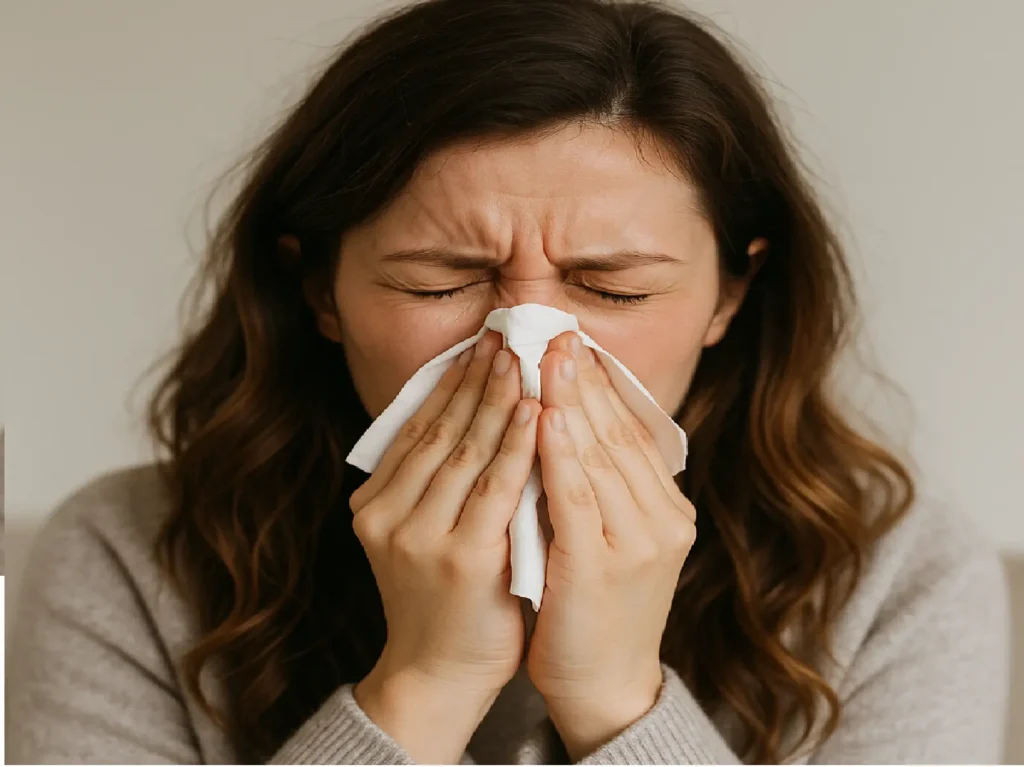 Colorful diagram showing allergic rhinitis symptoms with a central bubble and four small boxes for nasal and respiratory symptoms, eye and facial symptoms, systemic daily impact and a quick comparison between allergic rhinitis and the common cold.