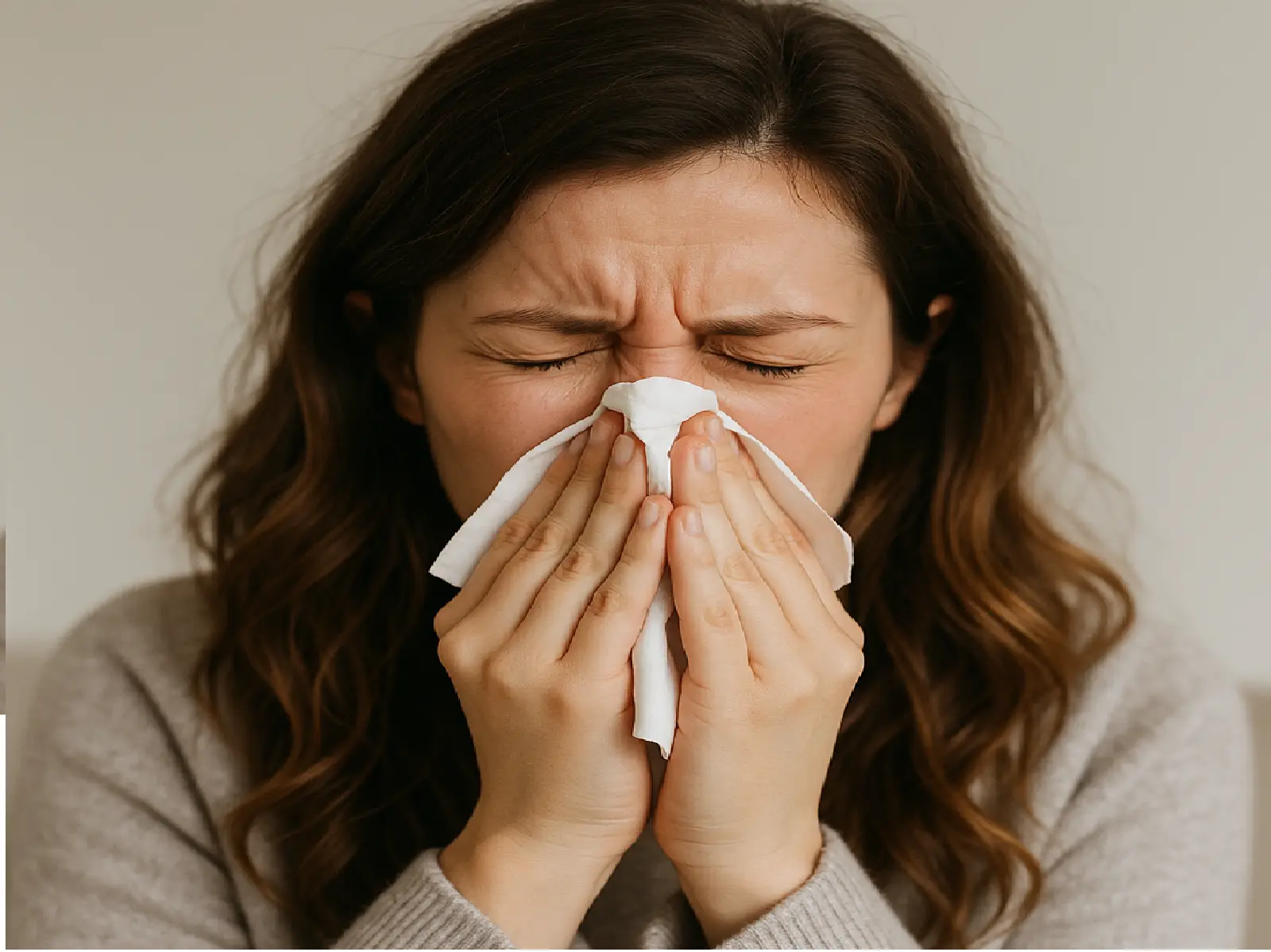 Colorful diagram showing allergic rhinitis symptoms with a central bubble and four small boxes for nasal and respiratory symptoms, eye and facial symptoms, systemic daily impact and a quick comparison between allergic rhinitis and the common cold.