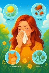Illustration showing common triggers of allergic rhinitis, including pollen, dust mites, pet dander, and mold.