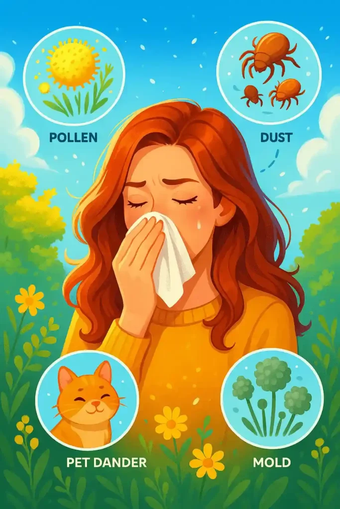 Colorful illustration of a young woman with allergic rhinitis or hay fever holding a tissue, surrounded by pollen, dust mites, pet dander and mold as common allergy triggers.