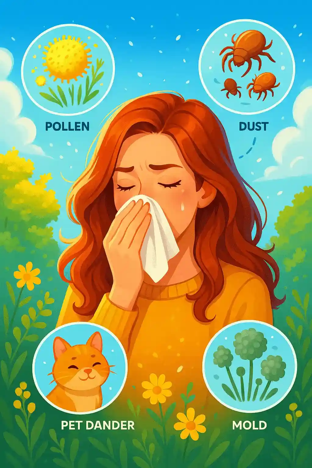 Illustration showing common triggers of allergic rhinitis, including pollen, dust mites, pet dander, and mold.