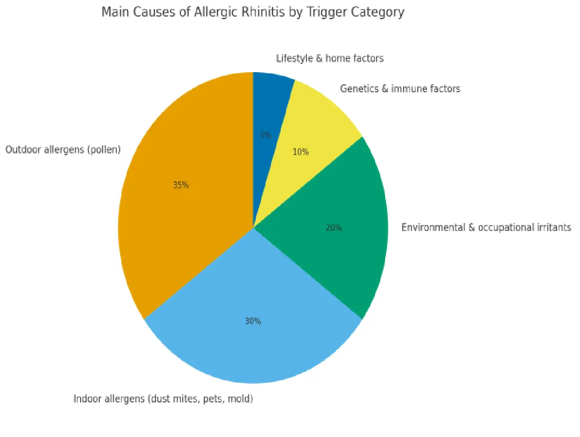 Causes : Main causes of allergic rhinitis shown in a pie chart including pollen, dust mites, pet dander, mold, irritants, genetics and lifestyle factors