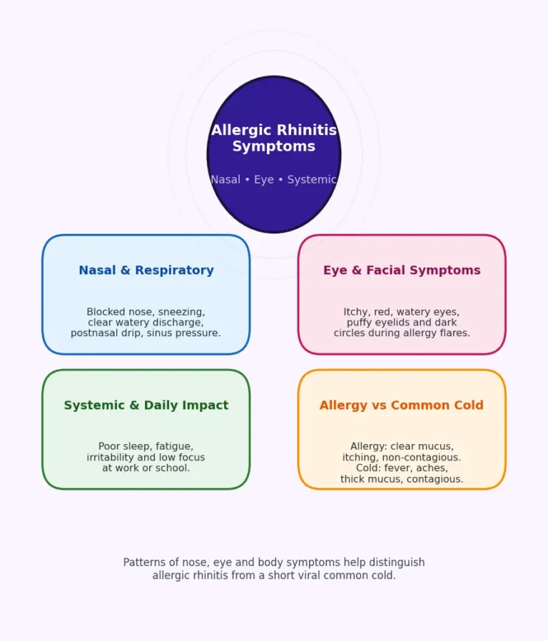 Infographic showing key signs and symptoms of allergic rhinitis, including nasal symptoms, eye and facial symptoms, systemic symptoms, allergy triggers, and when to see a doctor. Central circle labeled Allergic Rhinitis with clean medical layout and bright color-coded boxes