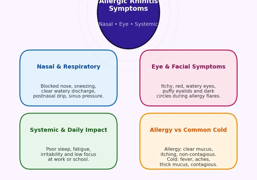 Infographic showing key signs and symptoms of allergic rhinitis, including nasal symptoms, eye and facial symptoms, systemic symptoms, allergy triggers, and when to see a doctor. Central circle labeled Allergic Rhinitis with clean medical layout and bright color-coded boxes