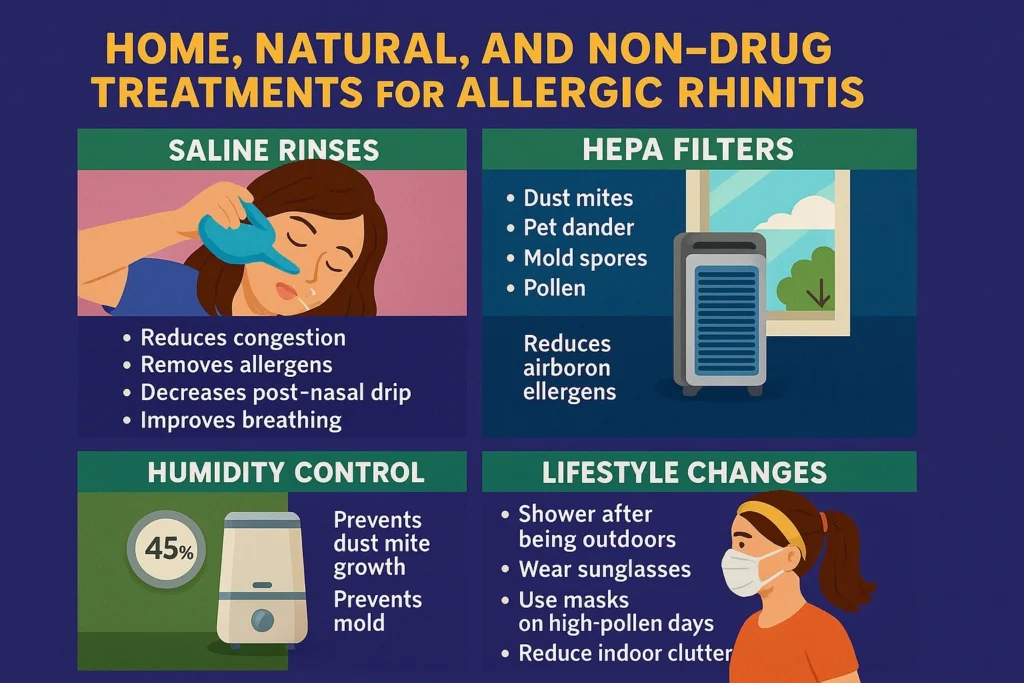 Common home-based and non-drug strategies used for allergic rhinitis management.