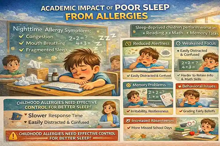 Infographic showing the academic impact of poor sleep from allergies in children, including reduced focus, memory problems, daytime fatigue, behavioral issues, and increased school absenteeism.