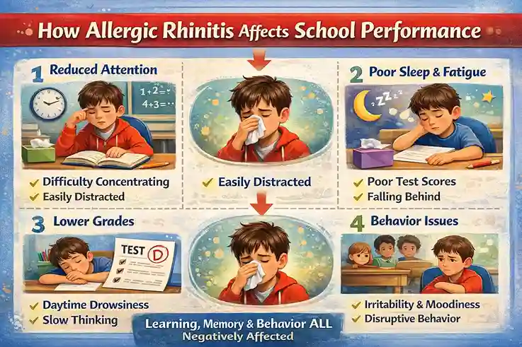 Infographic showing how allergic rhinitis in children affects school performance by reducing attention, disrupting sleep, causing fatigue, behavioral issues, and lower academic grades.
