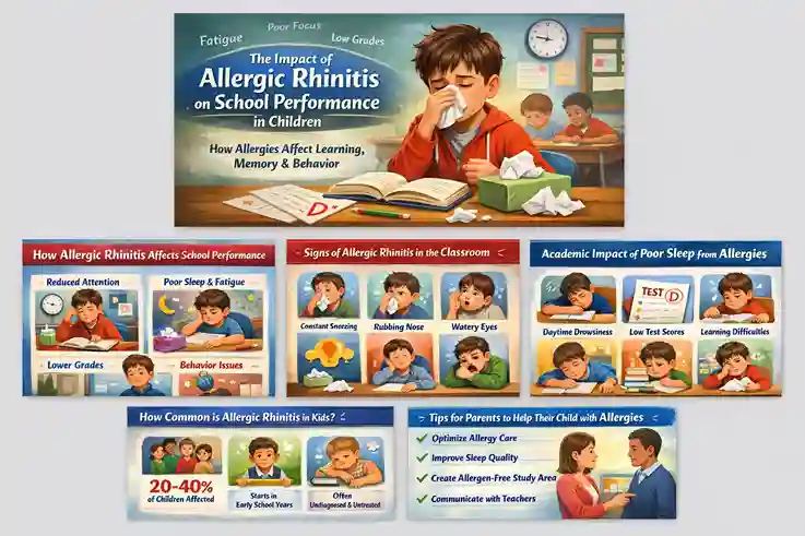 Illustration showing a school-age child with allergic rhinitis experiencing nasal congestion and fatigue while studying, highlighting the impact of allergies on school performance, attention, and learning
