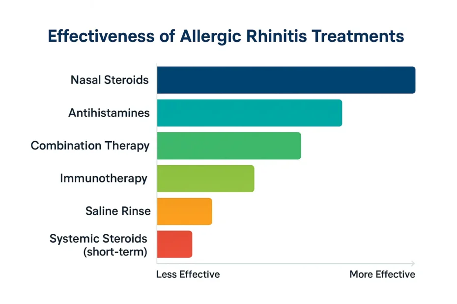 Bar graph comparing the effectiveness of allergic rhinitis treatments, including nasal steroids, antihistamines, combination therapy, immunotherapy, saline rinse, and short-term systemic steroids.