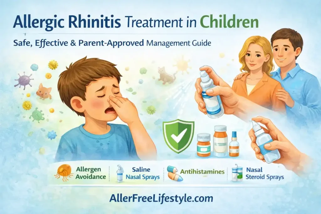 Hero image showing allergic rhinitis treatment in children, including allergen avoidance, saline nasal sprays, antihistamines, and nasal steroid sprays, with parent-approved and evidence-based care