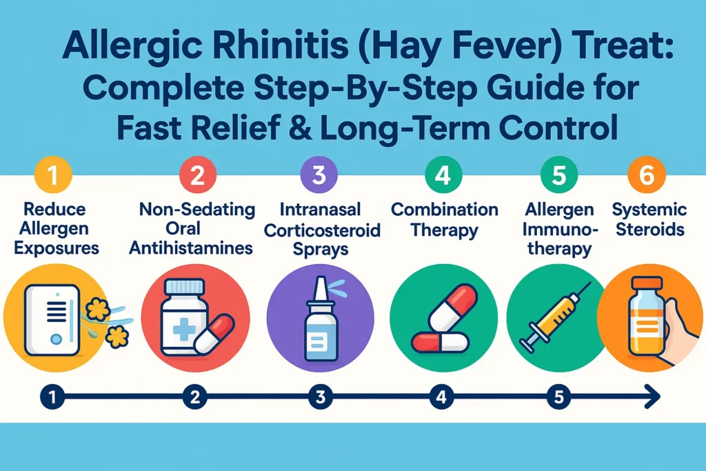 Stepwise treatment approach for allergic rhinitis, including allergen avoidance, medications, and immunotherapy.
