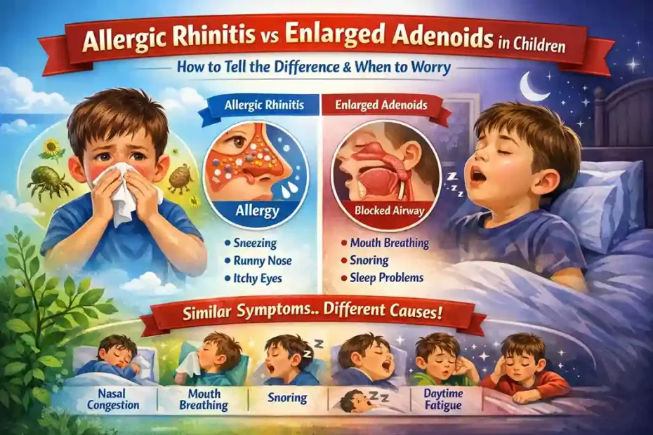 Visual comparison of allergic rhinitis vs enlarged adenoids in children showing nasal allergy symptoms and airway blockage
