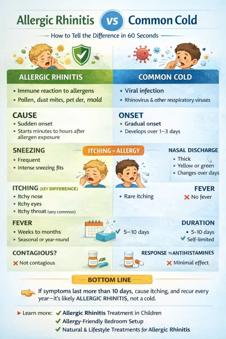 Infographic comparing allergic rhinitis and the common cold, showing differences in causes, symptoms, itching, nasal discharge, fever, duration, and response to antihistamines