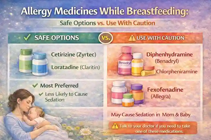 • Infographic comparing allergy medicines while breastfeeding, showing commonly preferred options like cetirizine and loratadine and medicines to use with caution due to possible infant drowsiness or reduced milk supply, with advice to consult a healthcare professional