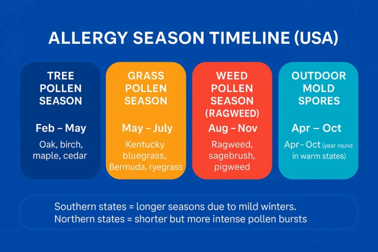 Allergy season timeline infographic for the USA showing tree pollen (Feb–May), grass pollen (May–July), ragweed weed pollen (Aug–Nov), and outdoor mold spores (Apr–Oct), displayed in bright rounded capsule bars on a medical blue background.