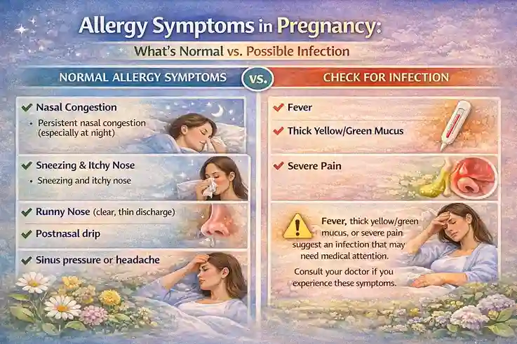 • Infographic comparing allergy symptoms in pregnancy (congestion, sneezing, clear runny nose, postnasal drip) with possible infection warning signs (fever, thick yellow/green mucus, severe pain)