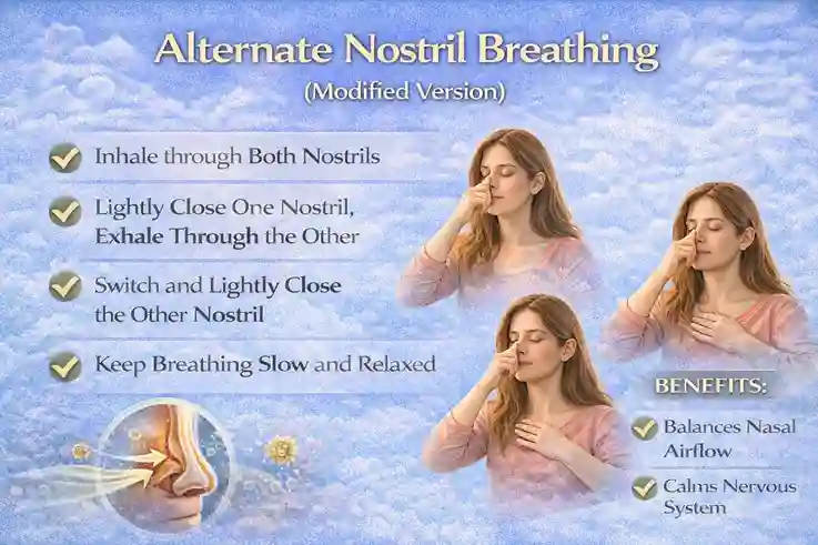 Infographic illustrating how to perform alternate nostril breathing to improve nasal airflow, reduce congestion, calm the mind, and balance the nervous system. Includes visual steps for inhalation, exhalation, and proper breathing technique