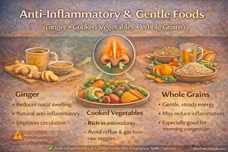 Infographic showing pregnancy-safe anti-inflammatory and gentle foods such as ginger, cooked vegetables, and whole grains that may help support nasal comfort during pregnancy