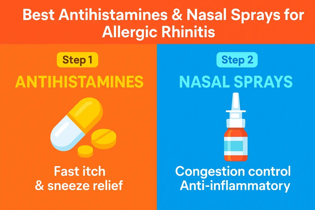Comparison of antihistamines and nasal sprays used in allergic rhinitis management.