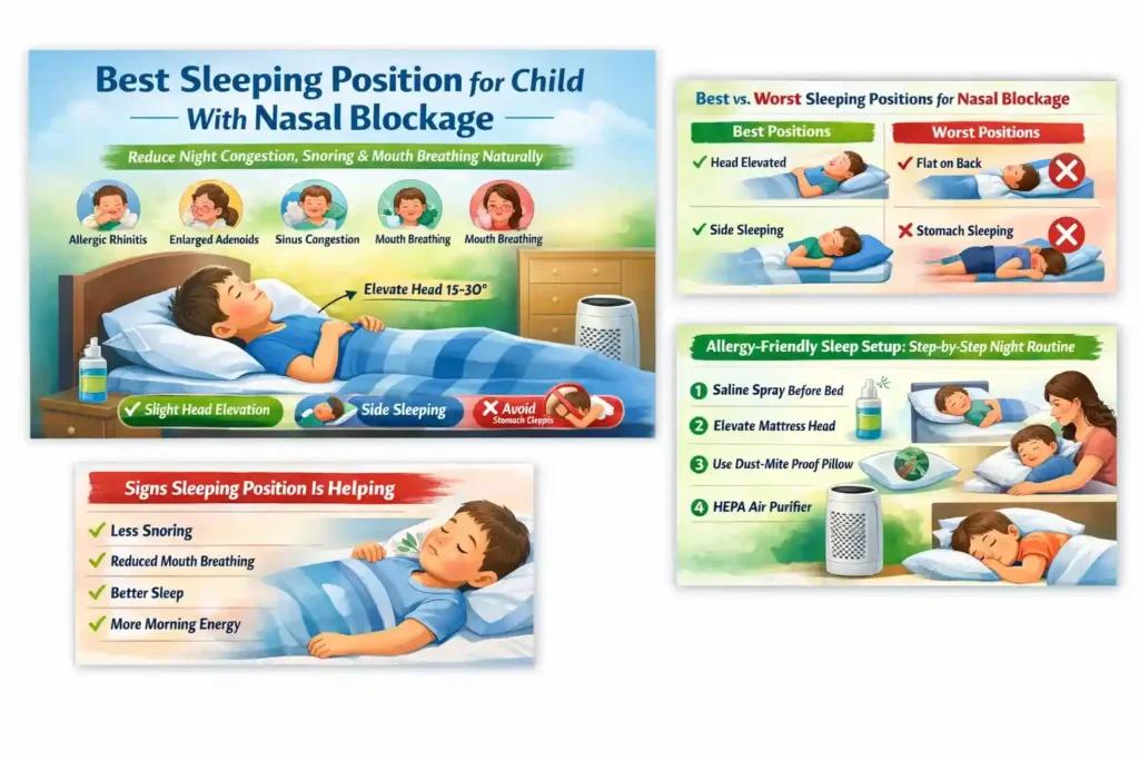 Best and worst sleeping positions for a child with nasal blockage, comparing head elevation and side sleeping with flat back and stomach sleeping