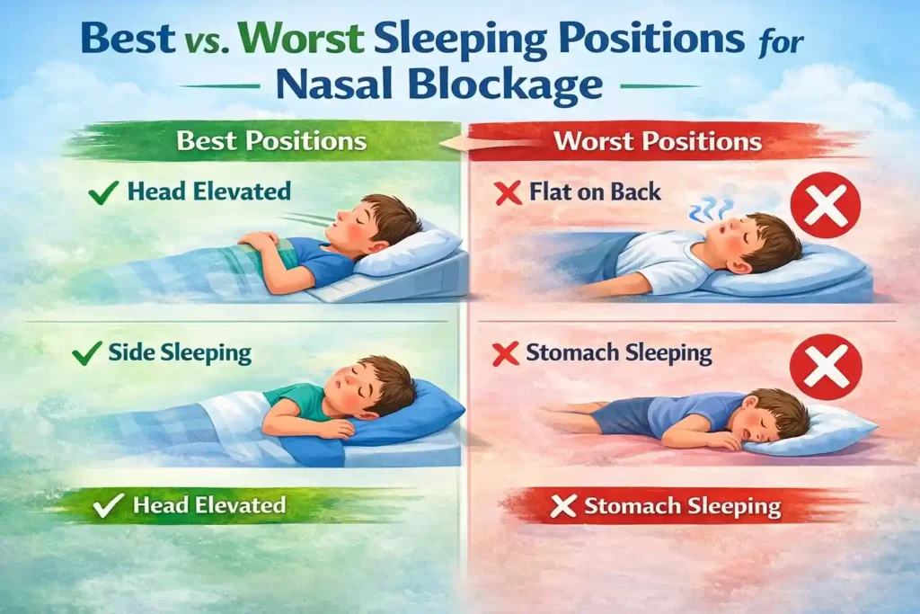 Best and worst sleeping positions for a child with nasal blockage, comparing head elevation and side sleeping with flat back and stomach sleeping