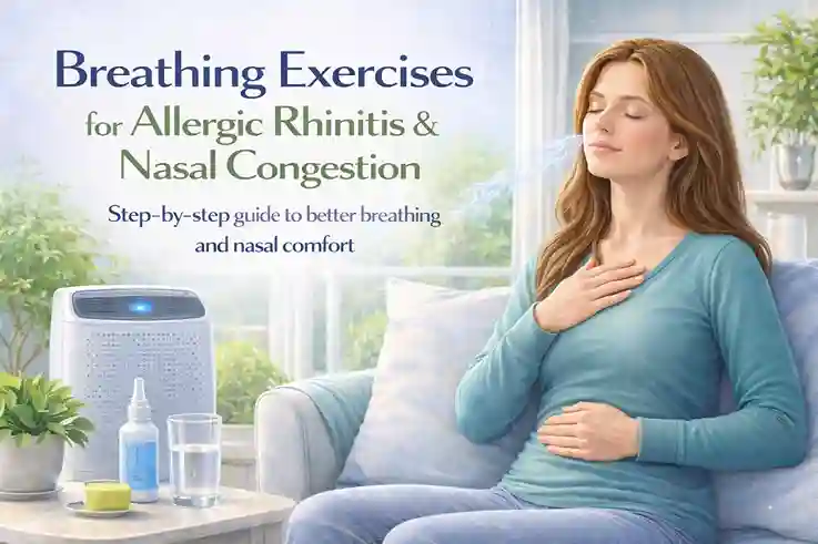 Digital illustration of a woman practicing breathing exercises to relieve allergic rhinitis and nasal congestion, with elements like a HEPA air purifier, saline nasal spray, and water, in a peaceful indoor environment promoting better breathing and nasal comfort