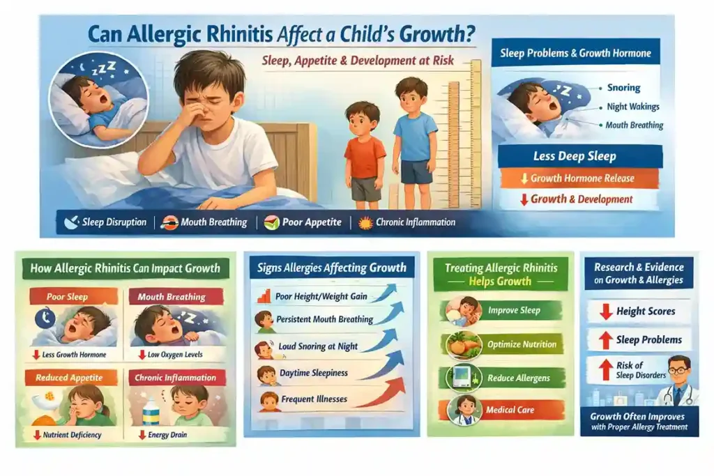 Infographic showing how treating allergic rhinitis can improve sleep, appetite, and growth in children