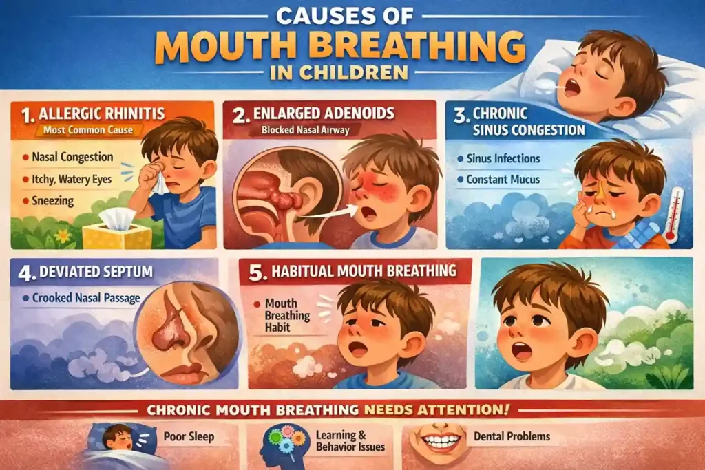 Common causes of mouth breathing in children, including allergic rhinitis, enlarged adenoids, chronic nasal congestion, deviated septum, and habitual mouth breathing.
