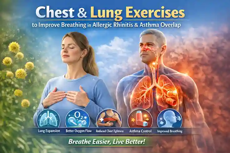 Woman practicing chest expansion breathing exercise to improve lung function in allergic rhinitis and asthma overlap