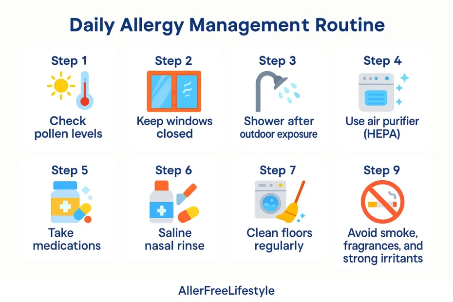 Daily allergy management routine infographic showing nine steps: check pollen levels, keep windows closed, shower after outdoor exposure, use HEPA air purifier, take medications, saline nasal rinse, wash bedding weekly, and avoid smoke, fragrances, and irritants.