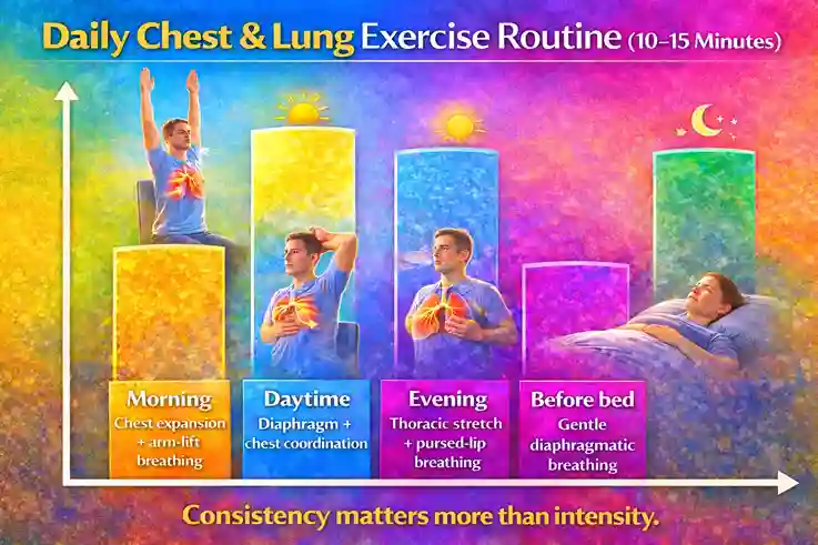 Bar graph showing a daily chest and lung exercise routine across morning, daytime, evening, and before bed