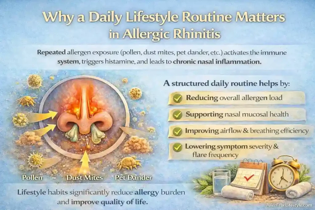 Infographic on the importance of a daily lifestyle routine to reduce allergic rhinitis symptoms, including reducing allergens and improving nasal health