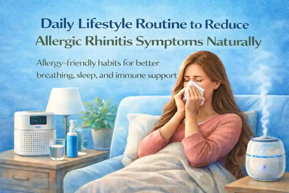 Digital illustration of a woman using a tissue to relieve allergic rhinitis symptoms, with allergy-friendly elements like a HEPA air purifier, saline nasal spray, and humidifier, promoting a daily lifestyle routine to reduce symptoms naturally