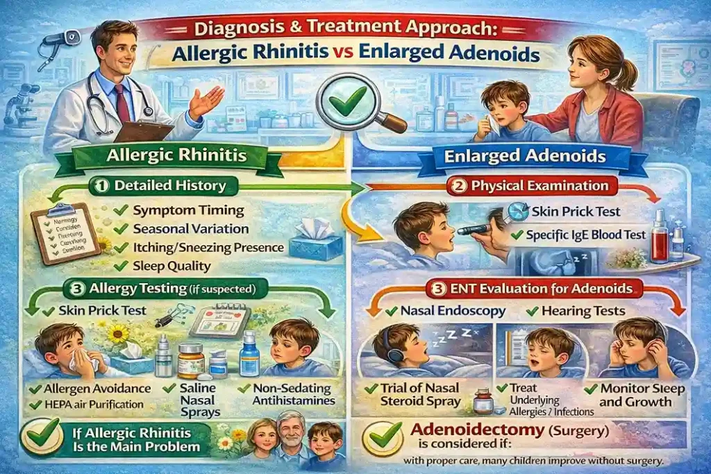 Medical infographic illustrating the diagnosis and treatment pathway for allergic rhinitis versus enlarged adenoids in children, including evaluation steps and management options