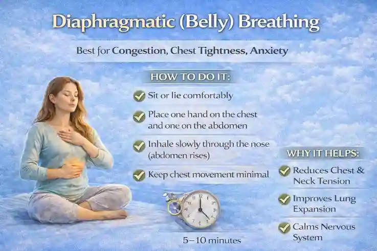 Infographic demonstrating diaphragmatic (belly) breathing to alleviate allergic rhinitis symptoms, reduce anxiety, and improve lung function. Includes a step-by-step guide and the benefits of lung expansion, reduced chest tightness, and enhanced oxygen efficiency