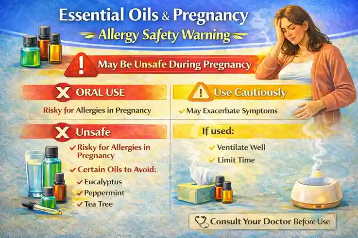 Infographic explaining essential oil safety concerns during pregnancy for allergy relief, highlighting risks of oral use and caution with inhalation, with advice to consult a healthcare professional
