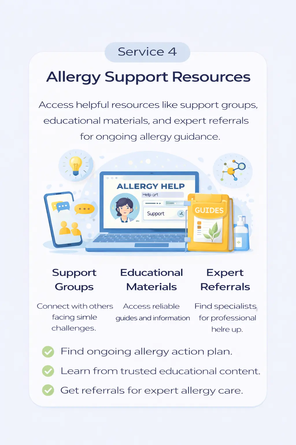 Infographic showing family-focused allergy support resources and educational guidance for everyday living