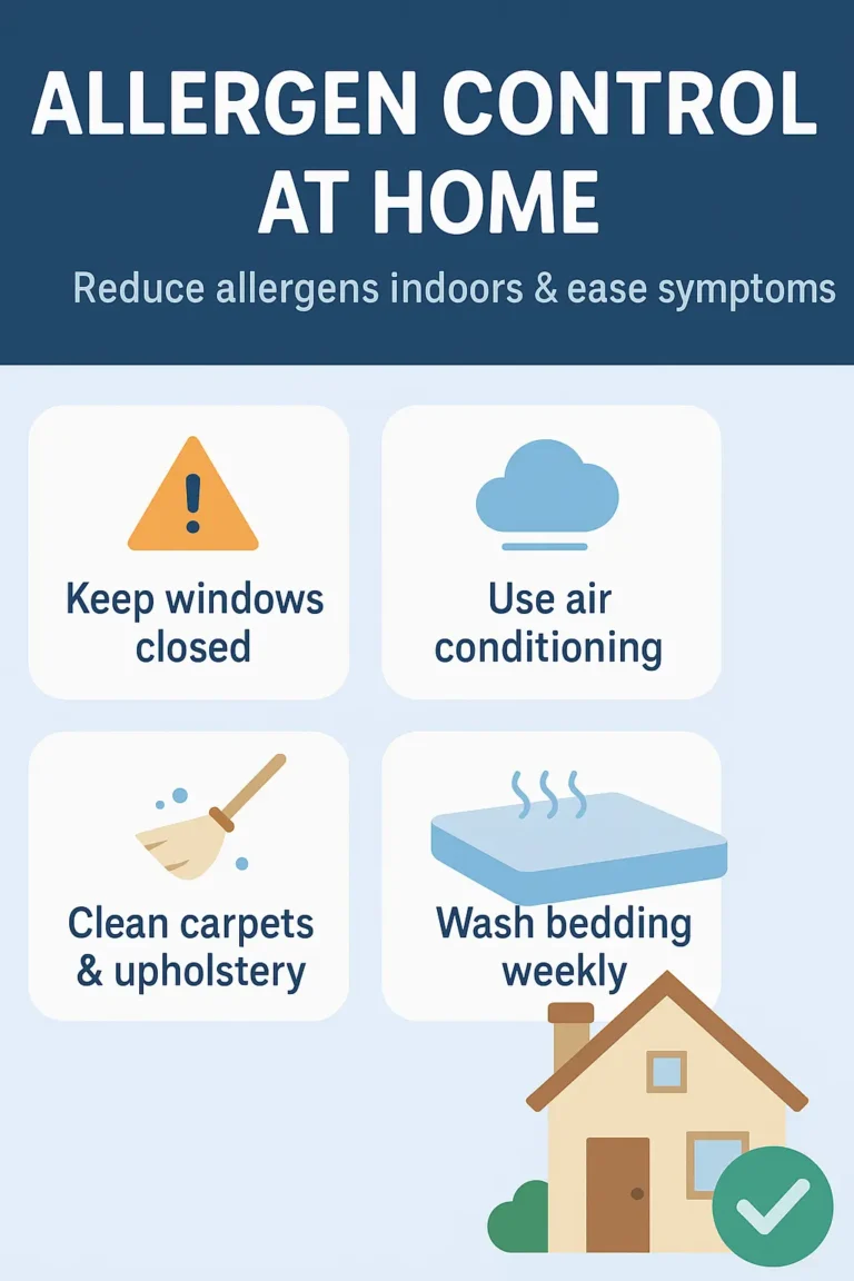 Home allergen control tips including keeping windows closed cleaning carpets and washing bedding weekly to reduce allergic rhinitis