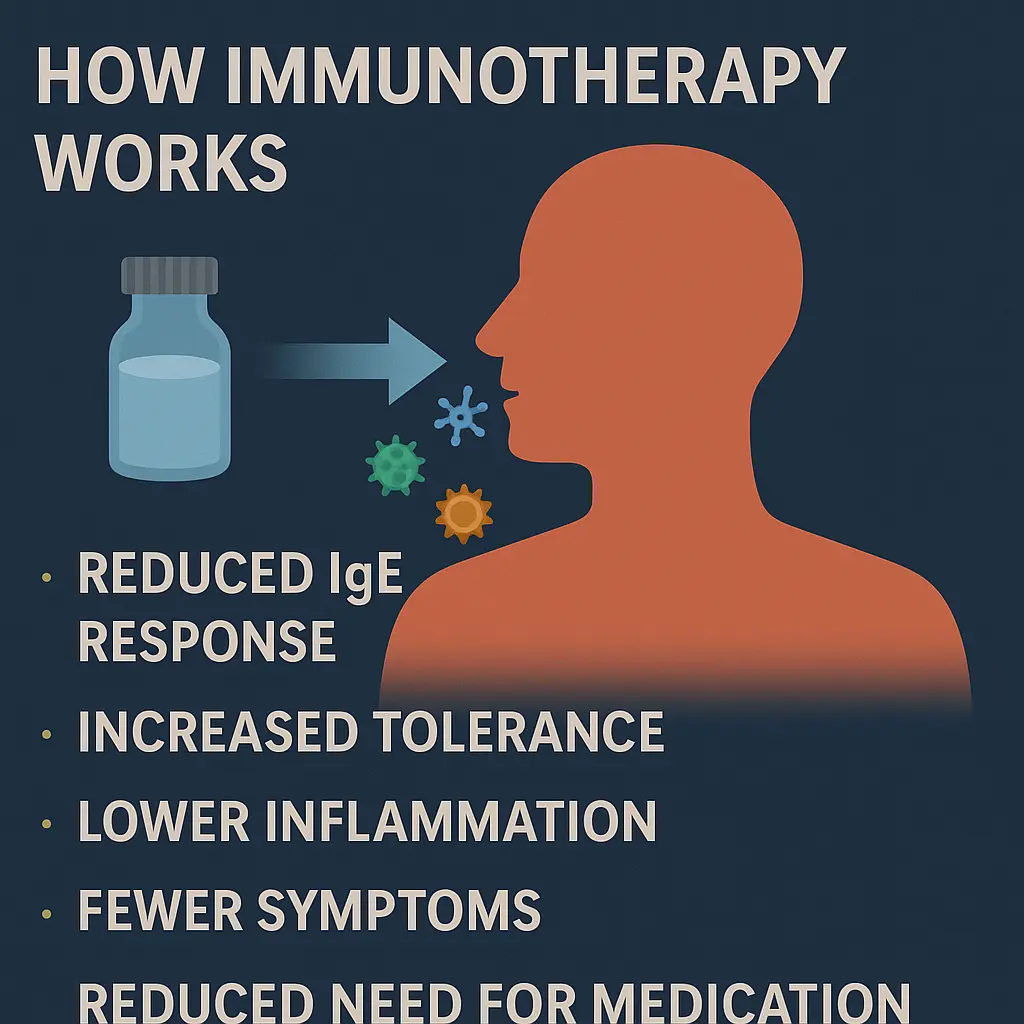 How immunotherapy works for allergic rhinitis by reducing IgE response increasing tolerance and lowering allergy symptoms