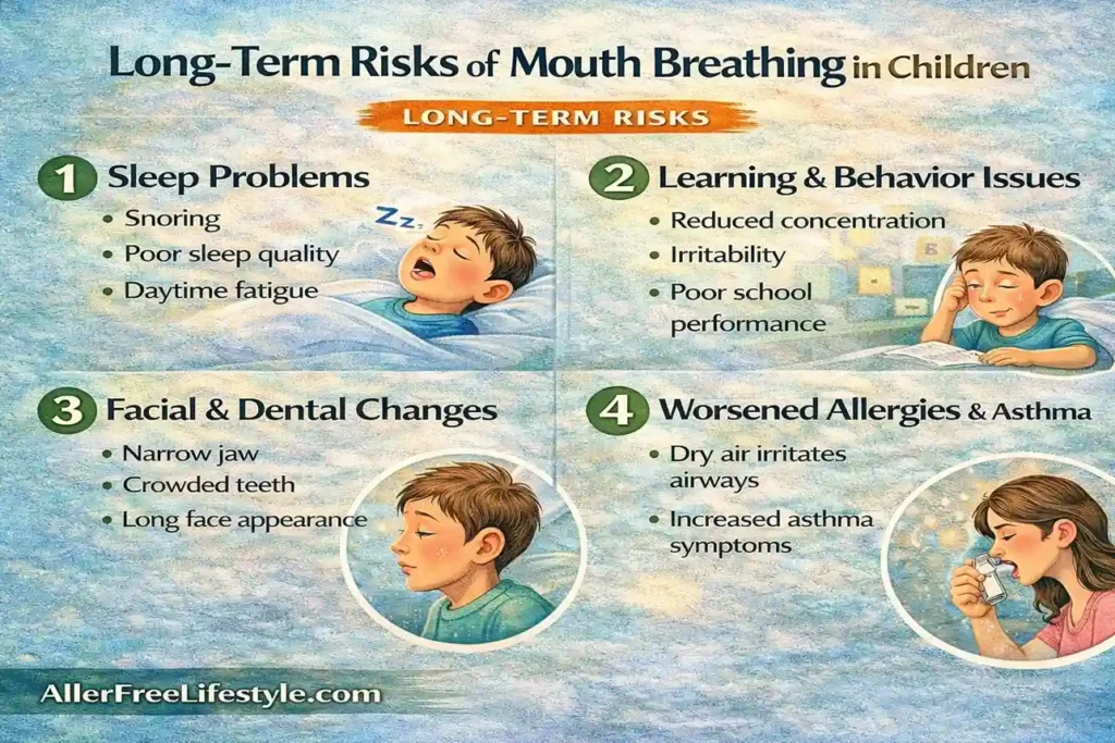 • Long-term risks of mouth breathing in children, including sleep problems, learning difficulties, facial and dental changes, and worsened allergies or asthma