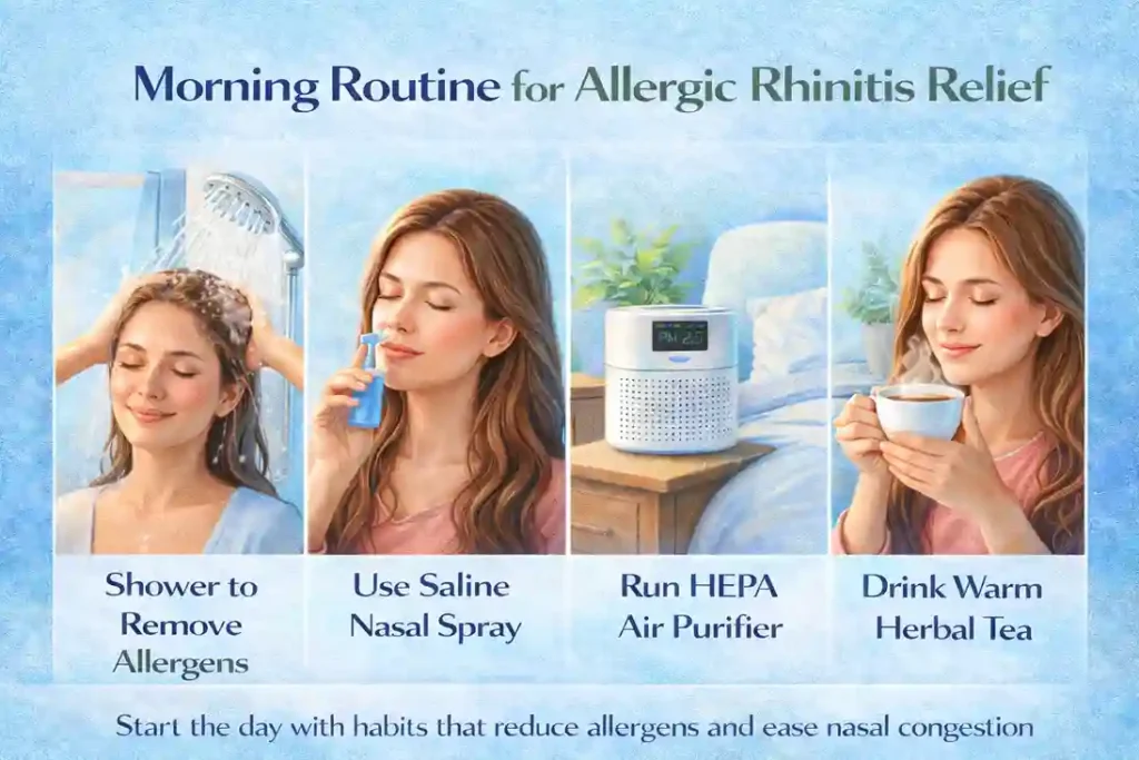 Infographic illustrating a morning routine to relieve allergic rhinitis symptoms, including showering to remove allergens, using saline nasal spray, running a HEPA air purifier, and drinking warm herbal tea