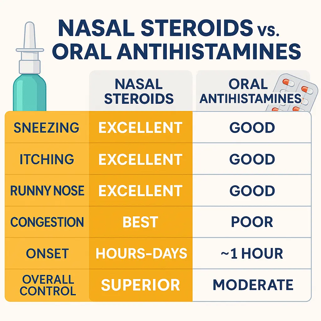Infographic comparing nasal steroids and oral antihistamines for allergic rhinitis, highlighting nasal steroids as superior for sneezing, itching, runny nose, congestion, and overall control, while oral antihistamines provide moderate relief with faster onset.