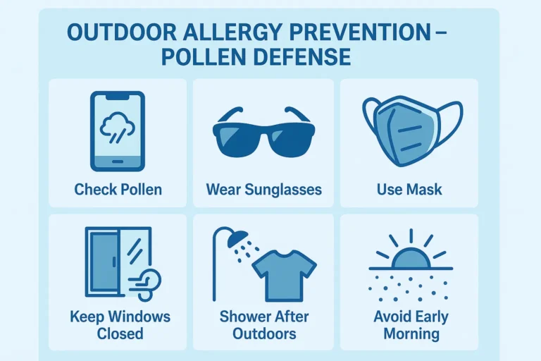 Infographic showing outdoor allergy prevention tips including checking pollen levels, wearing sunglasses, using a mask, keeping windows closed, showering after outdoor exposure, and avoiding early morning pollen—clean medical blue grid design.
