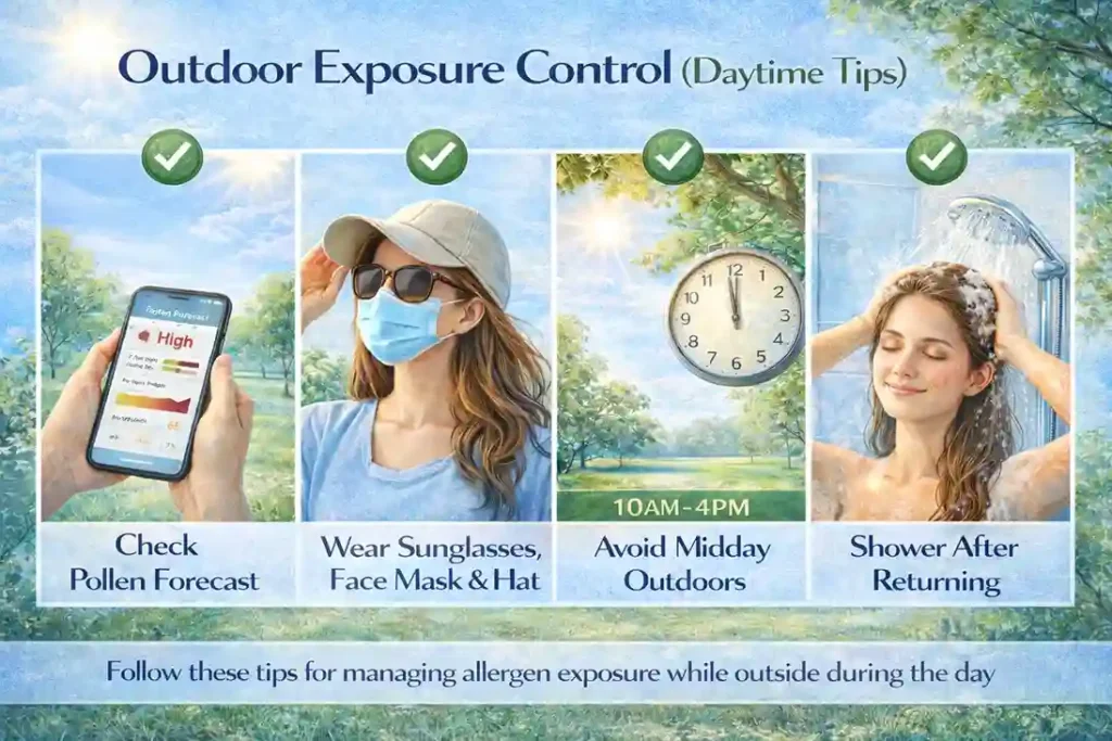 Infographic showing outdoor exposure control tips for managing allergic rhinitis symptoms, including checking pollen forecasts, wearing sunglasses, face mask, and hat, avoiding midday outdoor activity, and showering after returning indoors