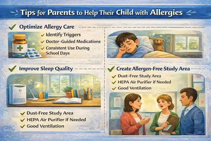 Infographic showing how parents can improve school performance in children with allergic rhinitis through proper allergy management, better sleep quality, allergen-free study environments, and communication with teachers