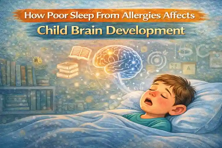 Poor sleep from allergies affecting brain development in a child, showing nasal congestion, mouth breathing during sleep, and impact on learning and focus