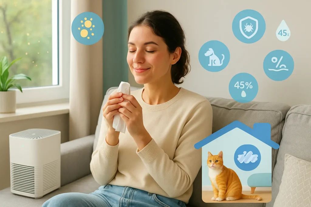 Home-based prevention strategies for allergic rhinitis, including HEPA air filtration, clean bedding, and reduced pollen exposure.