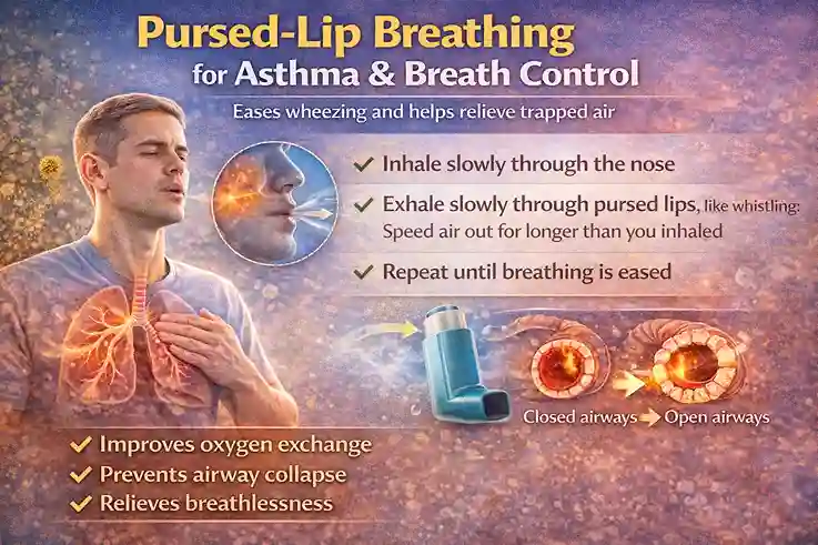 Pursed-lip breathing exercise to support asthma breath control and relieve air trapping
