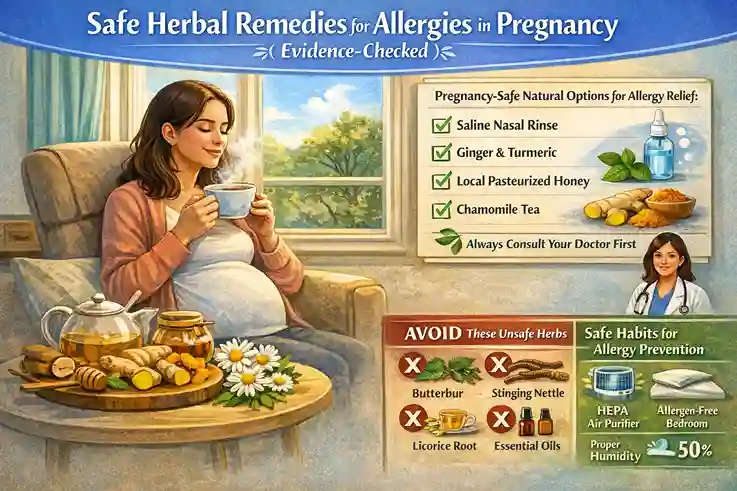 Pregnant woman using evidence-checked natural allergy support methods during pregnancy, including saline nasal irrigation, ginger tea, turmeric in food, and pasteurized honey with medical guidance emphasis