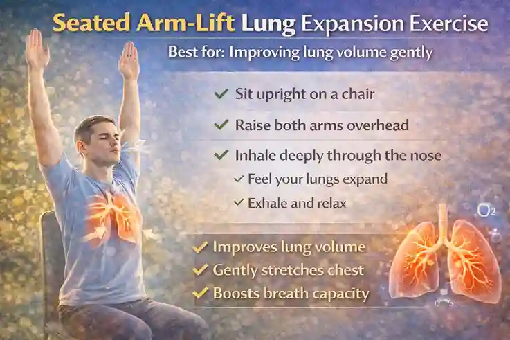 Seated arm-lift lung expansion exercise to gently improve lung volume